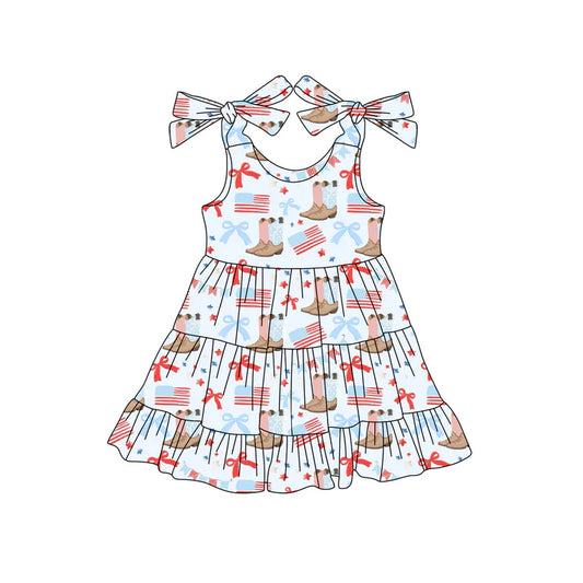 Preorder moq 5 Baby Girls Strap Flags Boots 4th Of July Knee Length Dresses 4.22