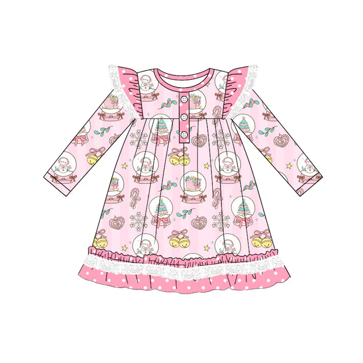Preorder (moq 5)Baby Girls Long Sleeves Pink Snowmen Trees Ruffle Button Knee Length Dresses 5.19
