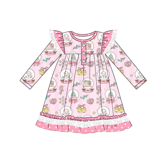 Preorder (moq 5)Baby Girls Long Sleeves Pink Snowmen Trees Ruffle Button Knee Length Dresses 5.19