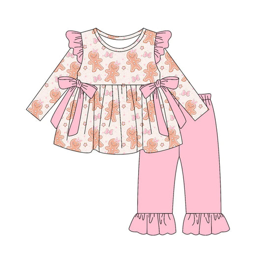 Preorder (moq 5)Baby Girls Pink Gingerbread Bows Tunic Ruffle Pants Christmas Clothes Sets 9.4