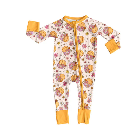 Preorder (moq 5)Baby Girls Yellow Long Sleeves Pumpkins Flowers Zipper Pant Rompers 6.13