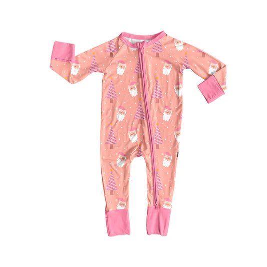 Preorder (moq 5)Baby Girls Peach Long Sleeves Santa Trees Plaid Zipper Romper 7.3