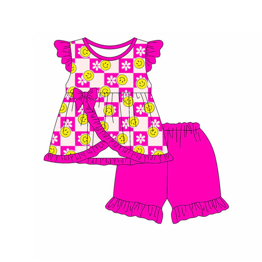 Preorder moq 5 Baby Girls Hot Pink Flutter Sleeves Smiles Flowers Tunic Ruffle Short Set 4.18