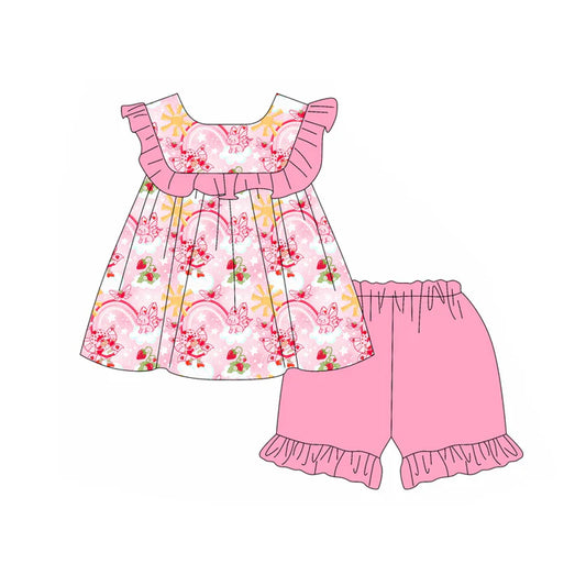 Preorder (moq 5)Baby Girls Pink Sleeveless Butterfly Rainbows Tunic Ruffle Short Set 6.3