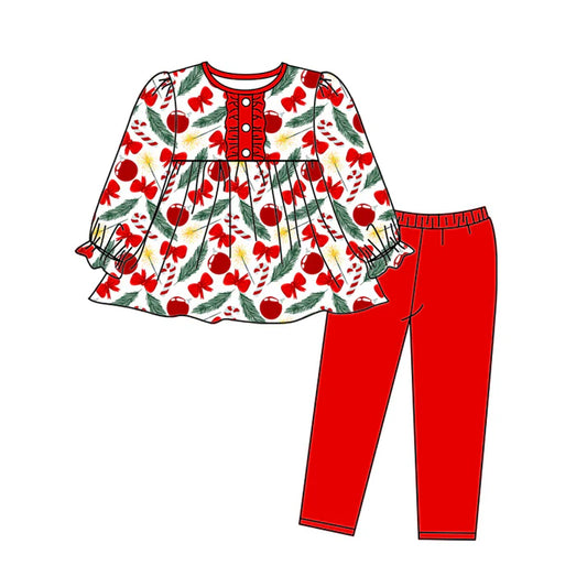 Preorder (moq 5)Baby Girls Long Ruffle Sleeves Red Bows Cherry Button Tunic Legging Pant Set 5.20