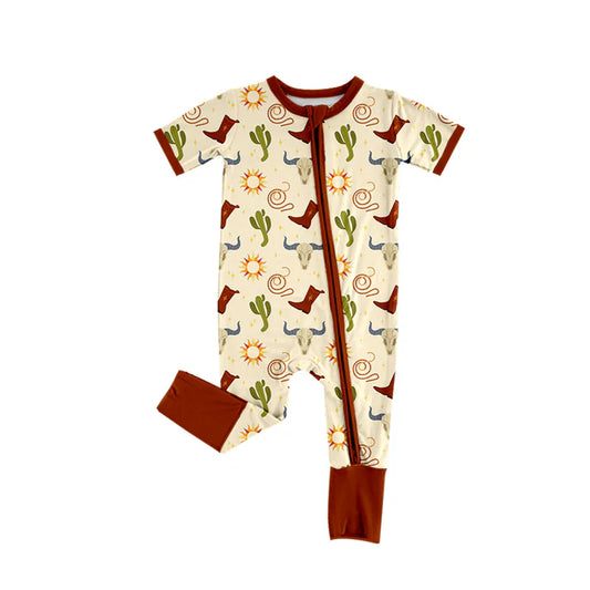 Preorder (moq 5)Baby Boys Khaki Short Sleeves Boots Cactus Zipper Rompers 5.26