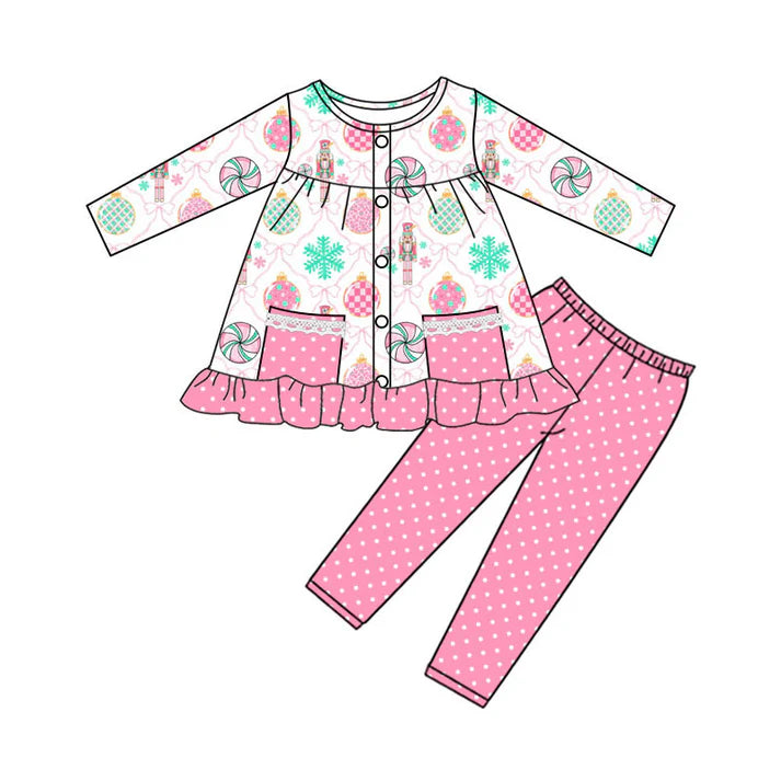Preorder (moq 8)Baby Girls Bows Soldiers Button Pockets Tunic Leggings Christmas Clothes Sets 9.10