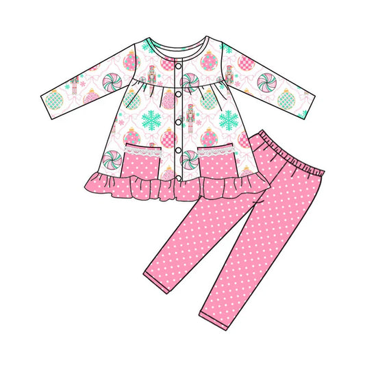 Preorder (moq 8)Baby Girls Bows Soldiers Button Pockets Tunic Leggings Christmas Clothes Sets 9.10
