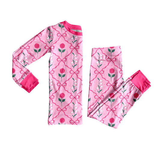 Preorder (moq 8)Baby Girls Pink Bows Flowers Checked Top Pant Pajamas Sets 9.6