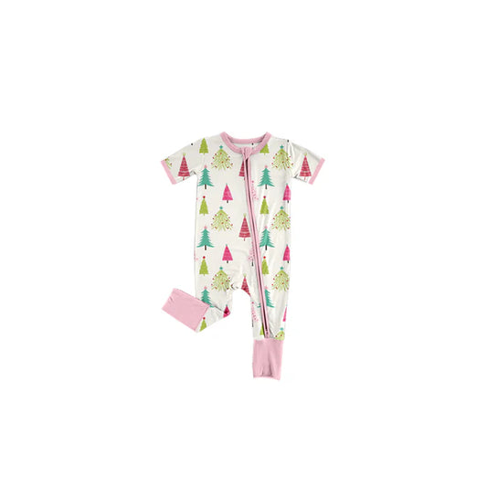 Preorder(moq 5)Baby Girls Short Sleeves Pink Christmas Trees Zipper Pant Rompers 7.24