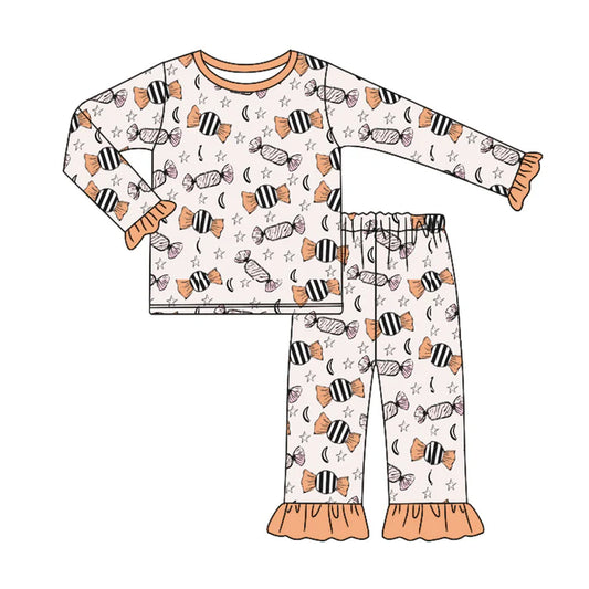Preorder (moq 5)Baby Girls Yellow Long Ruffle Sleeves Candy Stars Plaid Top Pant Pajamas Sets 6.11
