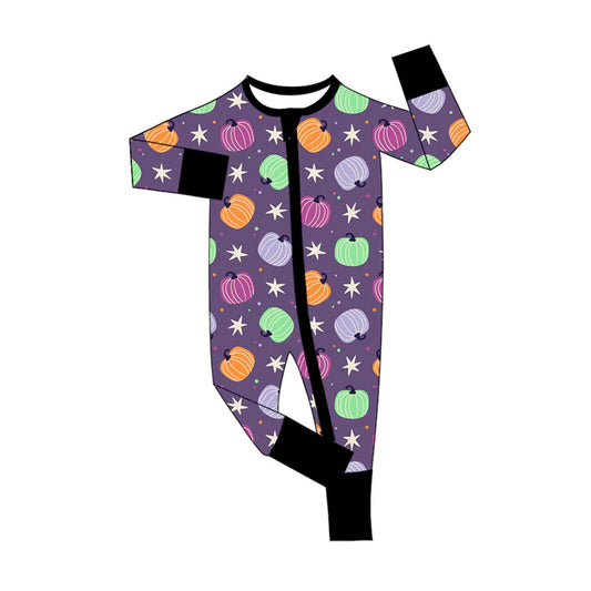 Preorder(moq 5)Baby Infant Boys Long Sleeves Colorful Pumpkins Plaid Fall Zipper Rompers 7.30