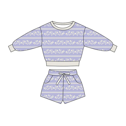 Preorder(moq 5) Baby Girls Lavender Flowers Stripe Long Sleeve Pockets Shorts Clothes Sets 10.27