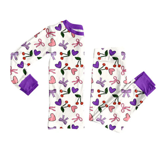 Preorder (moq 8)Baby Girls Pink Purple Bows Hearts Cherry Top Pants Valentine Pajamas Sets 9.15