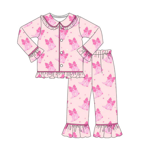 Preorder (moq 8)Baby Girls Pink Bows Boots Button Top Ruffle Pants Pajamas Sets 9.22