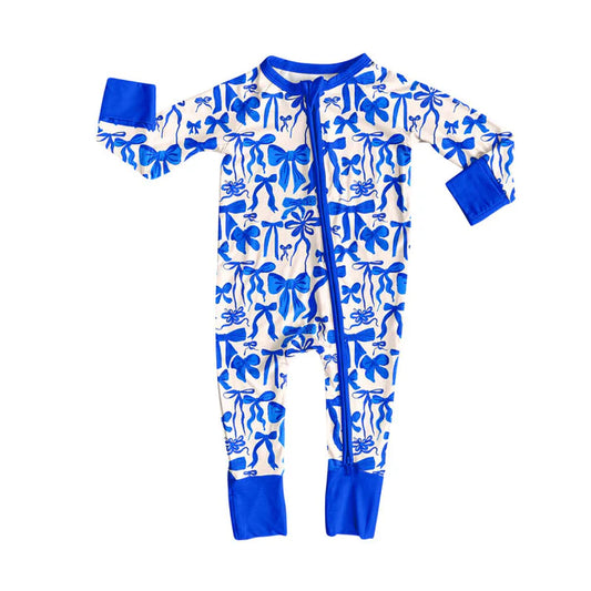Preorder (moq 8)Baby Girls Blue Bows Plaid Zipper Footie Rompers 9.26