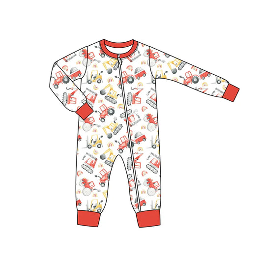 Preorder moq 5 Baby Infant Boys Long Sleeves Trucks Excavators Plaid Zipper Romper 7.16