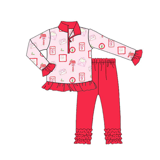 Preorder (moq 8)Baby Girls Santa Letter Zipper Pullover Ruffle Leggings Christmas Clothes Sets 9.11