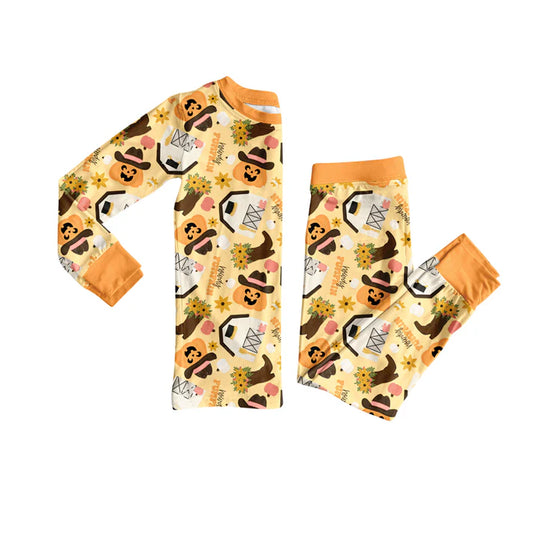 Preorder (moq 5)Baby Girls Yellow Long Sleeves Ghost Pumpkins Top Pant Pajamas Set 6.17