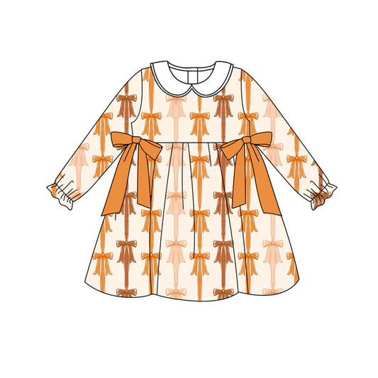 Preorder (moq 5)Baby Girls Long Ruffle Sleeves Yellow Bows Stripes Knee Length Dresses 7.1