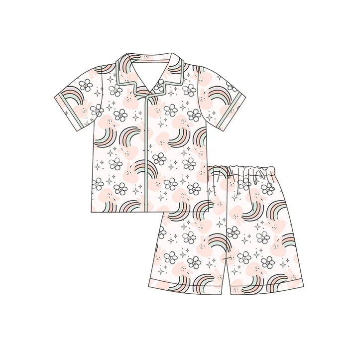 Preorder (moq 5)Baby Girls Rabbits Rainbows Flowers Button Top Shorts Easter Pajamas Sets 12.12