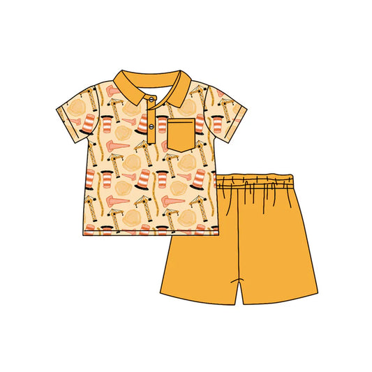 Preorder moq 5 Baby Boys Yellow Short Sleeves Button Pocket Line Tower Top Short Set 4.14