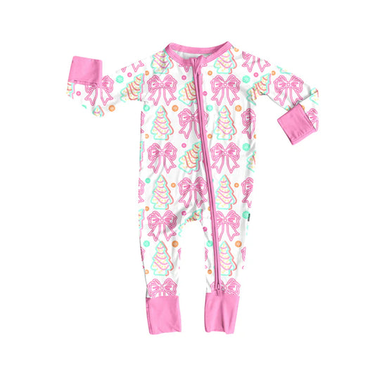 Preorder (moq 5)Baby Girls Long Sleeves Pink Stripe Bows Trees Plaid Zipper Romper 7.3