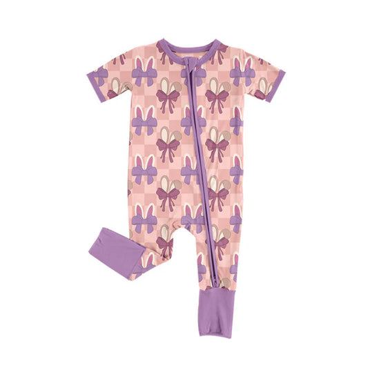Preorder (moq 8)Baby Boys Pink Checked Rabbits Bows Easter Zipper Footie Rompers 9.17