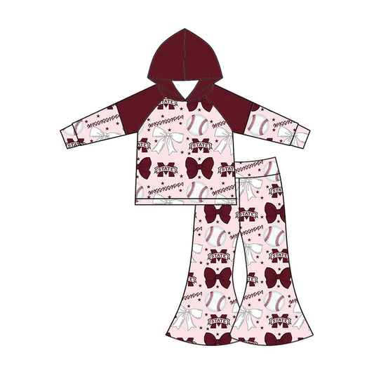 Preorder (moq 5)Baby Girls Long Sleeves Baseballs Bows M State Hoodie Top Bell Bottom Pant Team Set 6.16