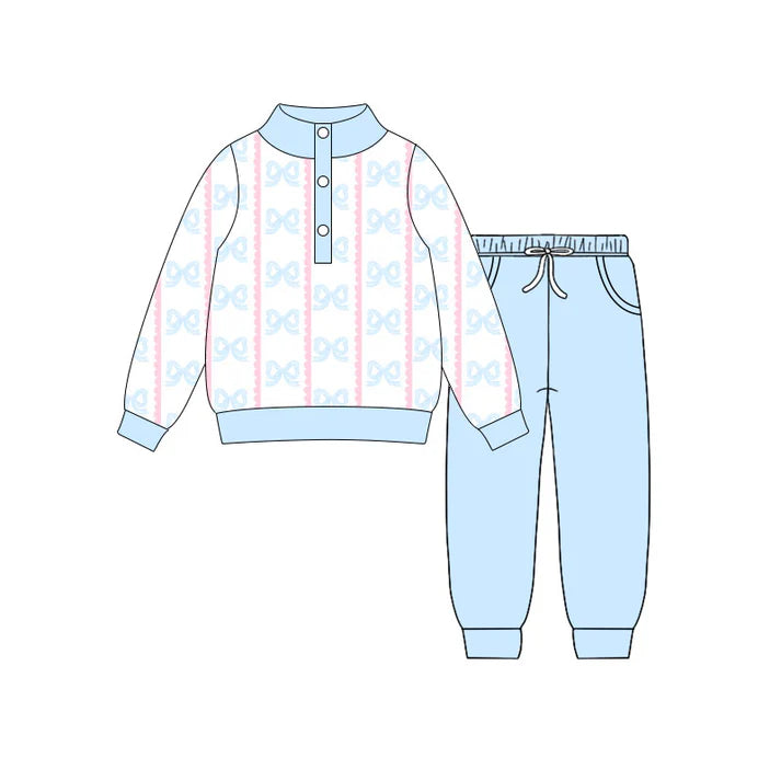 Preorder(moq 5) Baby Girls Blue Bows Stripe Button Top Pockets Jogger Clothes Sets 10.31