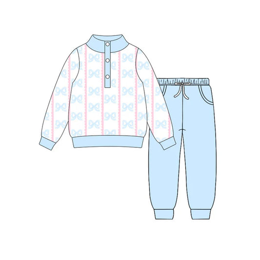 Preorder(moq 5) Baby Girls Blue Bows Stripe Button Top Pockets Jogger Clothes Sets 10.31