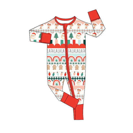 Preorder (moq 5)Baby Girls Red Long Sleeves Deer Gingerbread Trees Stripes Zipper Rompers 6.4
