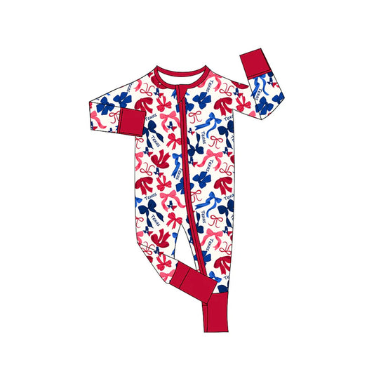 Preorder(moq 5)long sleeves T red blue bows baby team zip romper 8.22