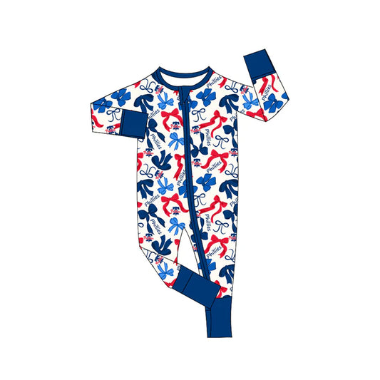 Preorder(moq 5)long sleeves red blue bows baby team zip romper 8.27