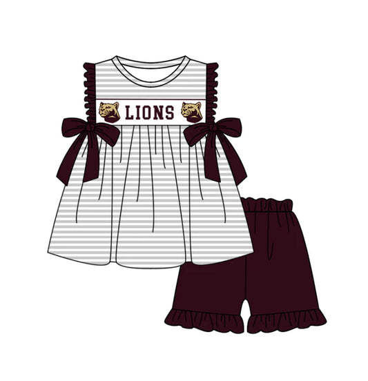 Preorder (moq 5)Baby Girls Lions Bows Stripe Tunic Ruffle Shorts Team Clothes Sets 12.5