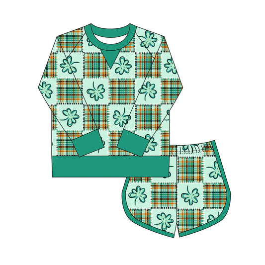 Preorder(moq 8)Baby Girls Green Clovers Checked Long Sleeve Top Shorts St Patrick Clothes Set 9.27