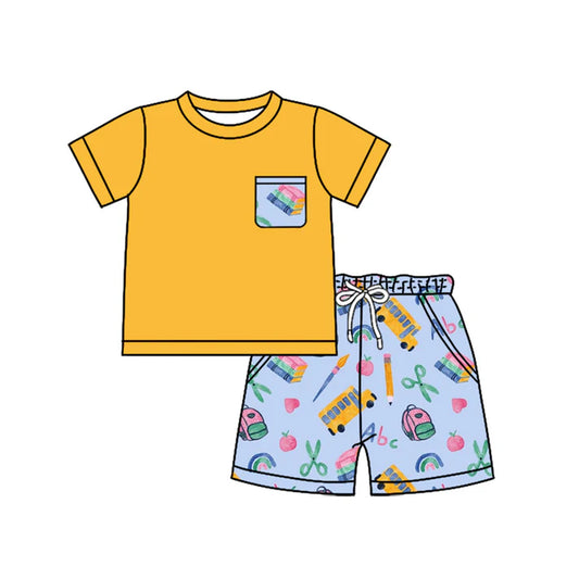 Preorder (moq 5)Baby Boys Yellow Short Sleeves Pocket Top Peaches Pencils Shorts Set 4.23