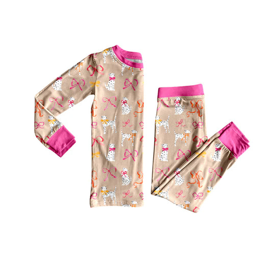 Preorder (moq 5)Baby Girls Long Sleeves Pink Dogs Bows Top Pant Pajamas Set 5.24