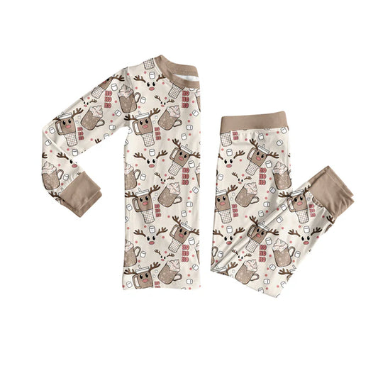 Preorder(moq 5) Baby Girls Long Sleeves Khaki Deer Cups Plaid Top Pants Pajamas Set 7.22