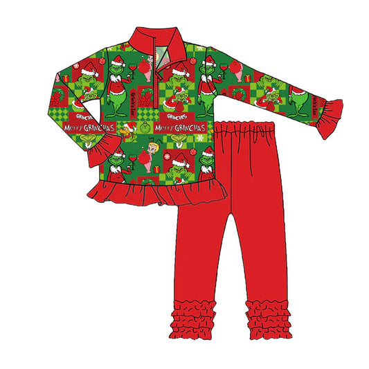 Preorder (moq 8)Baby Girls Green Faces Miss Zipper Pullover Ruffle Leggings Christmas Clothes Sets 9.23