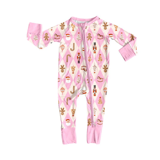 Preorder (moq 5)Baby Girls Long Sleeves Pink Santa Gingerbread Soldiers Plaid Zipper Romper 7.3