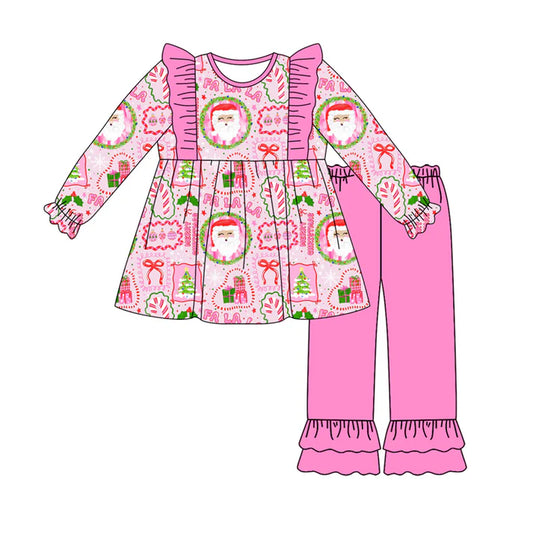 Preorder (moq 5)Baby Girls Long Sleeves Pink Bows Santa Plaid Tunic Ruffle Pants Set 7.29