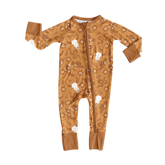 Preorder(moq 5)Baby Boys Western Brown Cows Boots Zipper Footie Rompers 8.9
