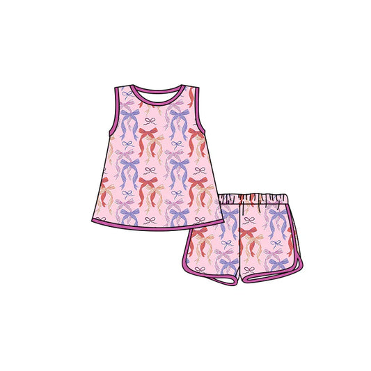 Preorder moq 5 Baby Girls Pink Sleeveless Colorful Bows Tunic Short Set 4.18
