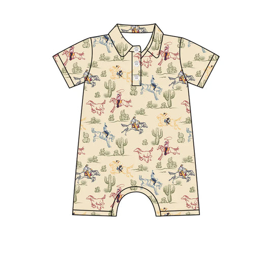 Preorder (moq 5)Baby Boys Khaki Short Sleeves Button Horse Rodeo Cactus Rompers 4.24