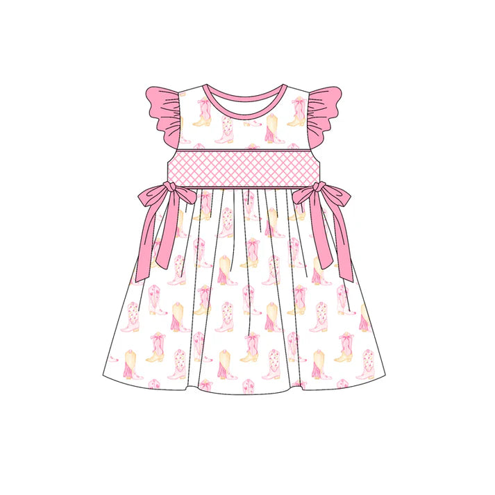 Preorder (moq 5)Baby Girls Pink Flutter Sleeves Bows Boots Knee Length Dresses 5.15