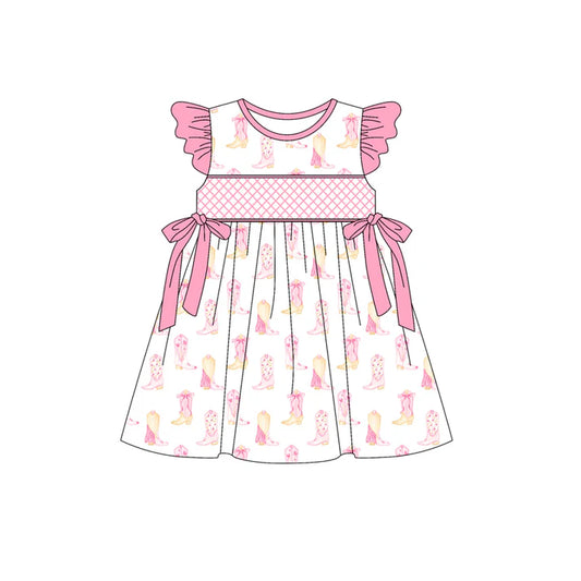 Preorder (moq 5)Baby Girls Pink Flutter Sleeves Bows Boots Knee Length Dresses 5.15