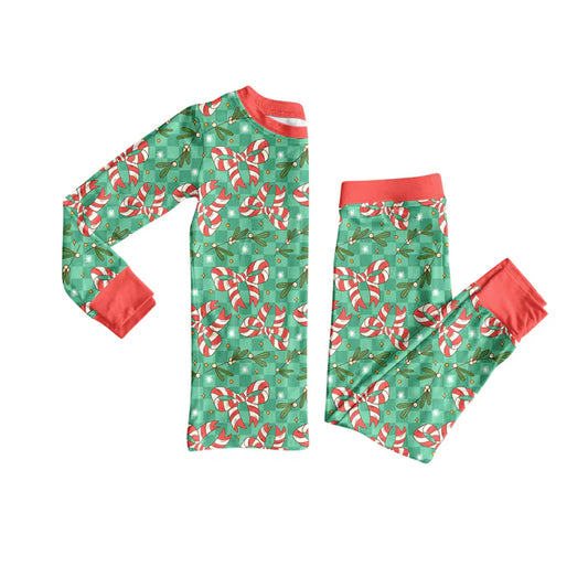 Preorder(moq 5) Baby Girls Holly Plaid Candy Cane Bows Top Pants Christmas Pajamas Set 8.15