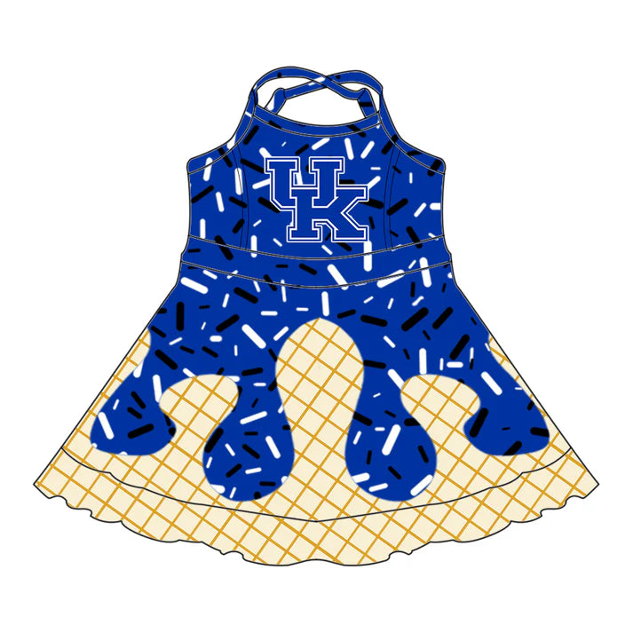 Preorder (moq 5)Baby Girls Strap Hot Blue UK Shorts Ruffle Team Knee Length Dresses