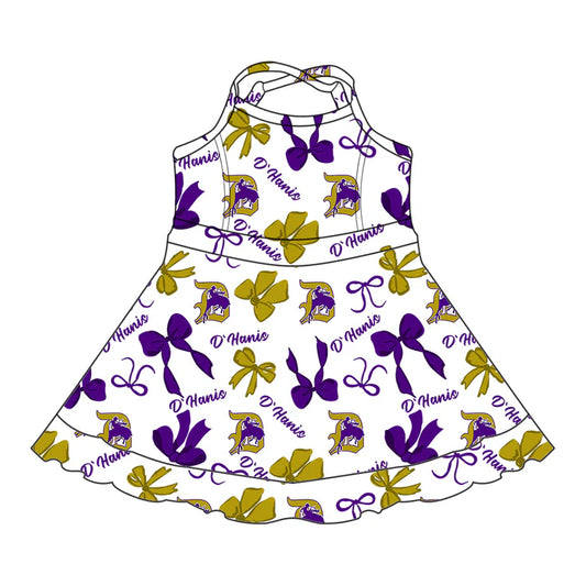 Preorder (moq 5)Baby Girls Purple Strap Horse Rodeos Bows Plaid Shorts Ruffle Team Knee Length Dresses 6.30